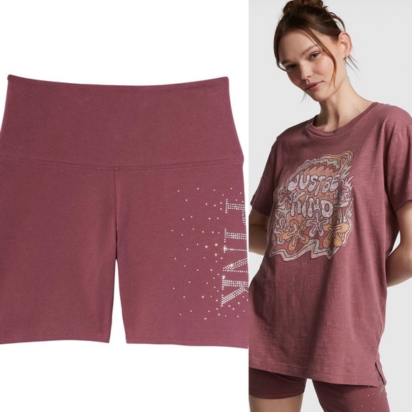 VS Pink SET Just Be Kind Graphic Tee & Morning Rose Shine Cotton Biker Shorts - Picture 1 of 13